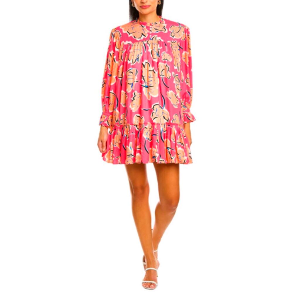 GARRIE B Ruffle Mini Dress Long Sleeve Floral Pink Orange Pockets Lined